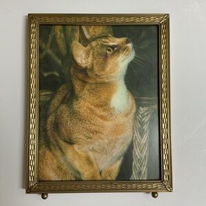 Vintage Gold Metal Picture Frame 8x10 Cat Print Standing Easel Ball Feet 60s MCM